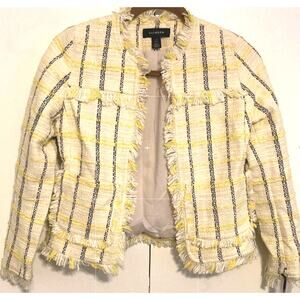 Halogen Estelle Tweed Fringe Plaid Jacket XXSP / 2XS Petite in Ivory Navy NWT